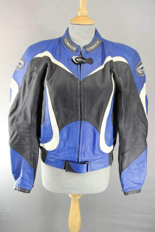 CORNER BLACK, BLUE & WHITE LEATHER BIKER JACKET WITH REMOVABLE CE ARMOUR 40 INCH