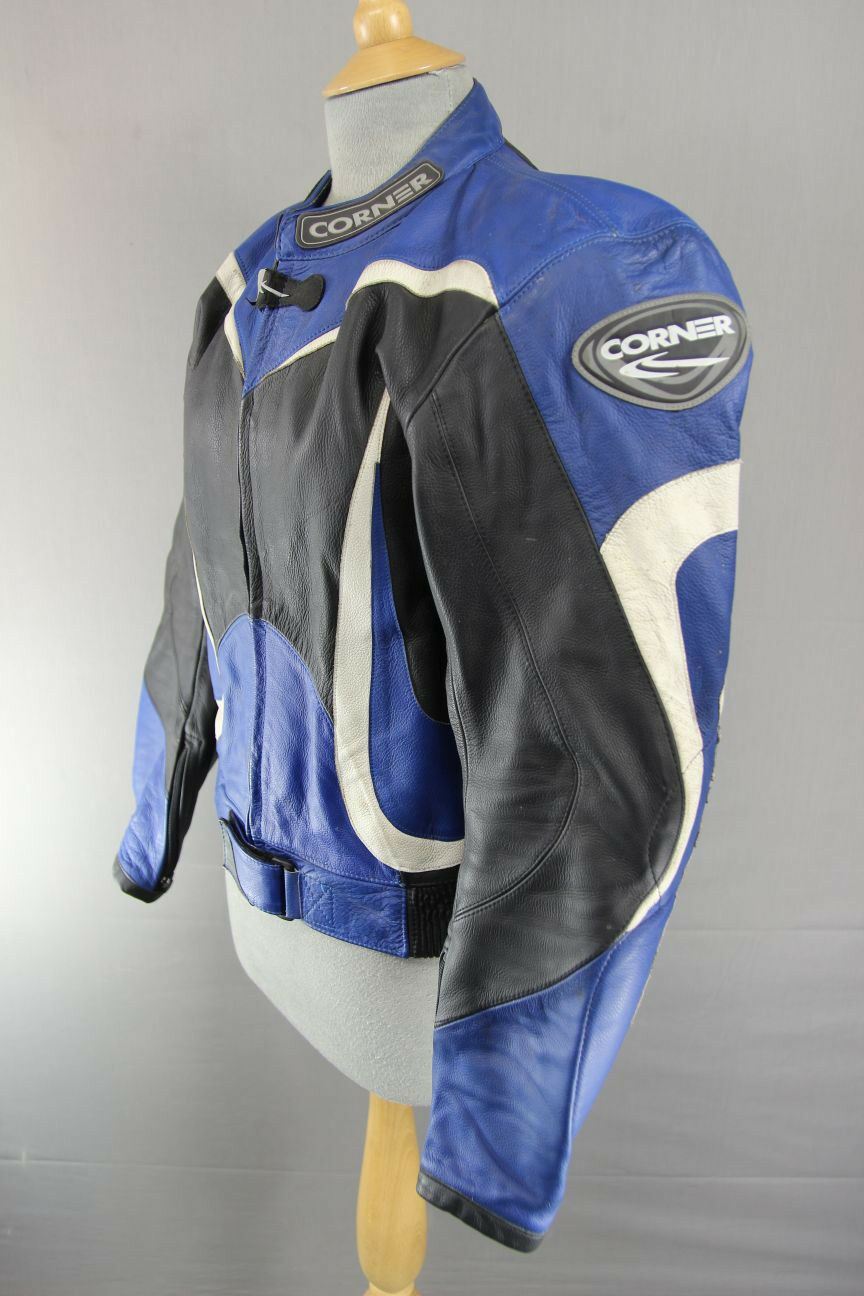 CORNER BLACK, BLUE & WHITE LEATHER BIKER JACKET WITH REMOVABLE CE ARMOUR 40 INCH