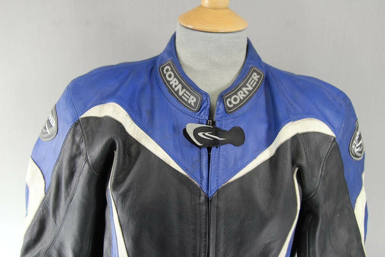 CORNER BLACK, BLUE & WHITE LEATHER BIKER JACKET WITH REMOVABLE CE ARMOUR 40 INCH