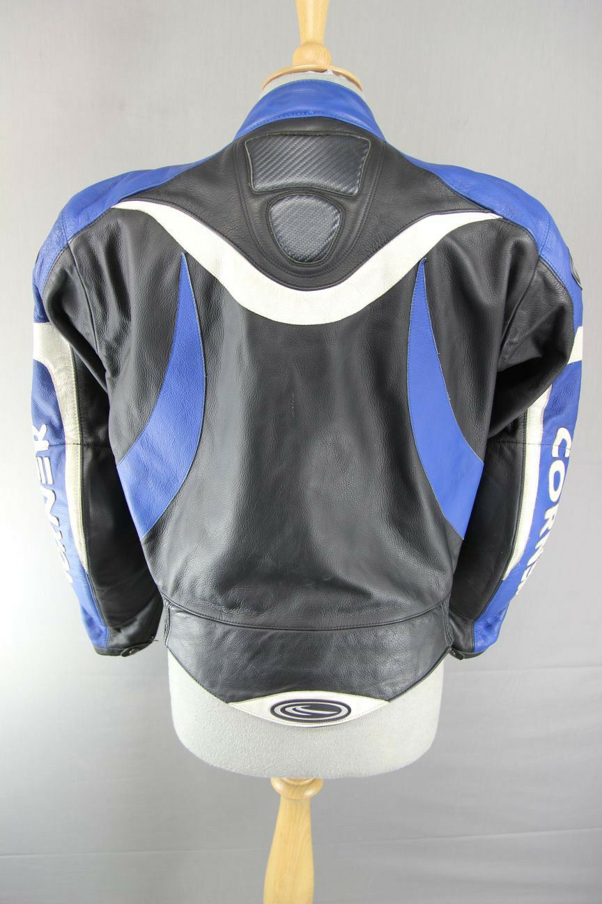 CORNER BLACK, BLUE & WHITE LEATHER BIKER JACKET WITH REMOVABLE CE ARMOUR 40 INCH