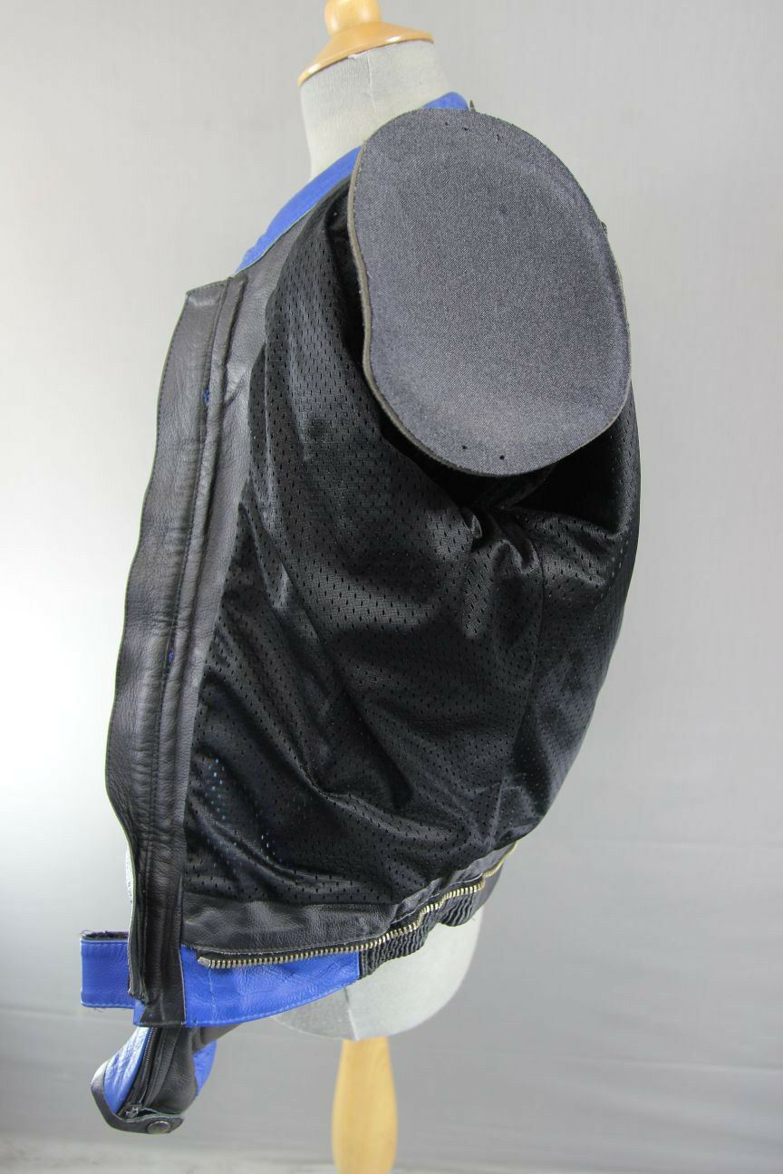CORNER BLACK, BLUE & WHITE LEATHER BIKER JACKET WITH REMOVABLE CE ARMOUR 40 INCH