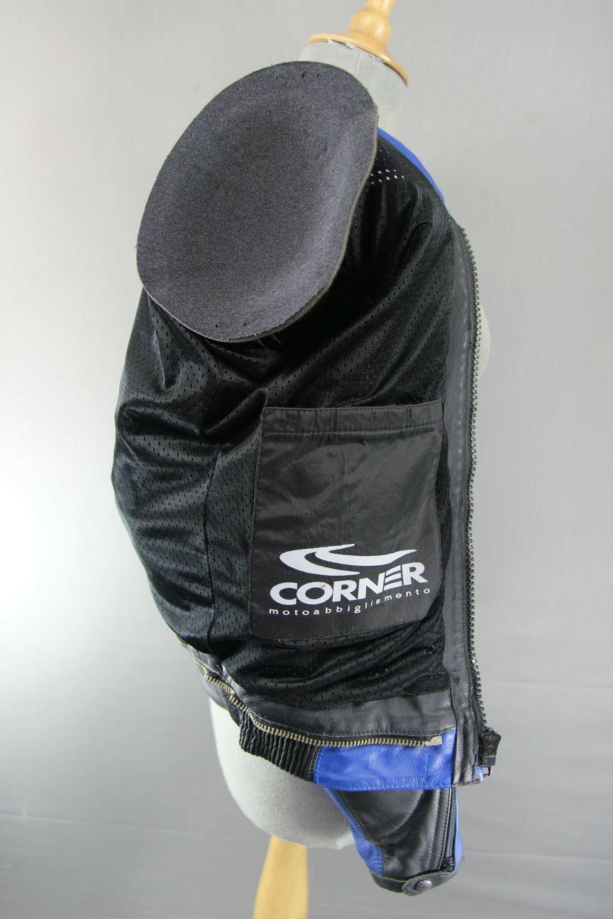 CORNER BLACK, BLUE & WHITE LEATHER BIKER JACKET WITH REMOVABLE CE ARMOUR 40 INCH
