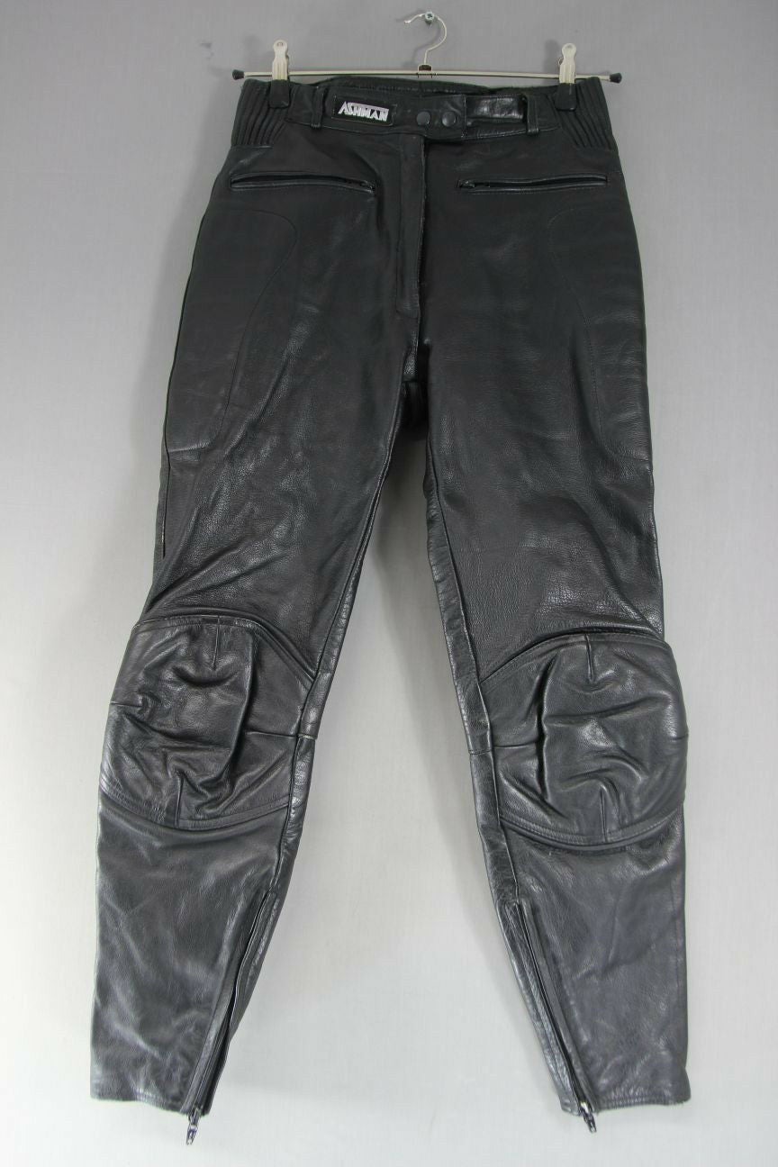 ASHMAN BLACK COWHIDE LEATHER BIKER TROUSERS SIZE 12:WAIST 28 IN/INSIDE LEG 29 IN