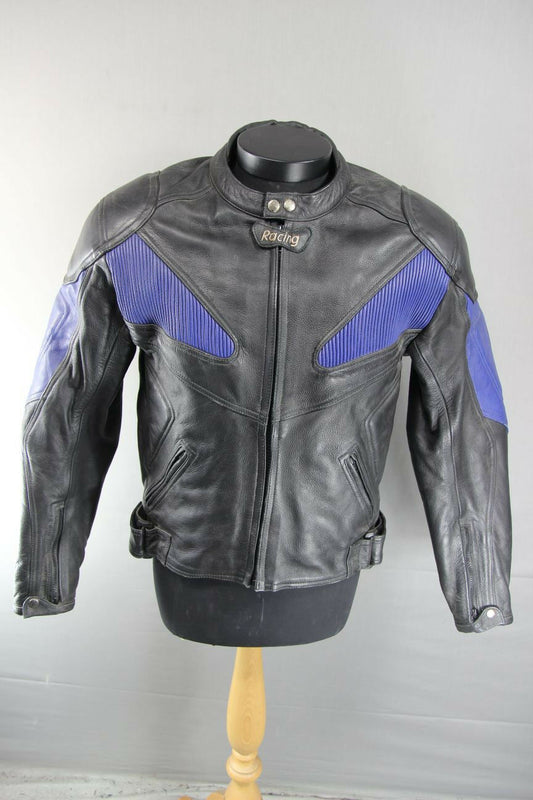 BLACK & BLUE RACING/SPORTS LEATHER BIKER JACKET WITH REMOVABLE ARMOUR 38 INCH