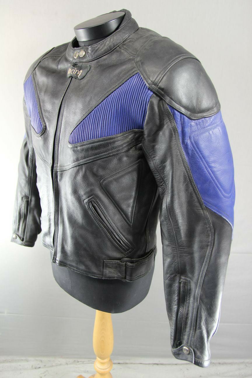 BLACK & BLUE RACING/SPORTS LEATHER BIKER JACKET WITH REMOVABLE ARMOUR 38 INCH