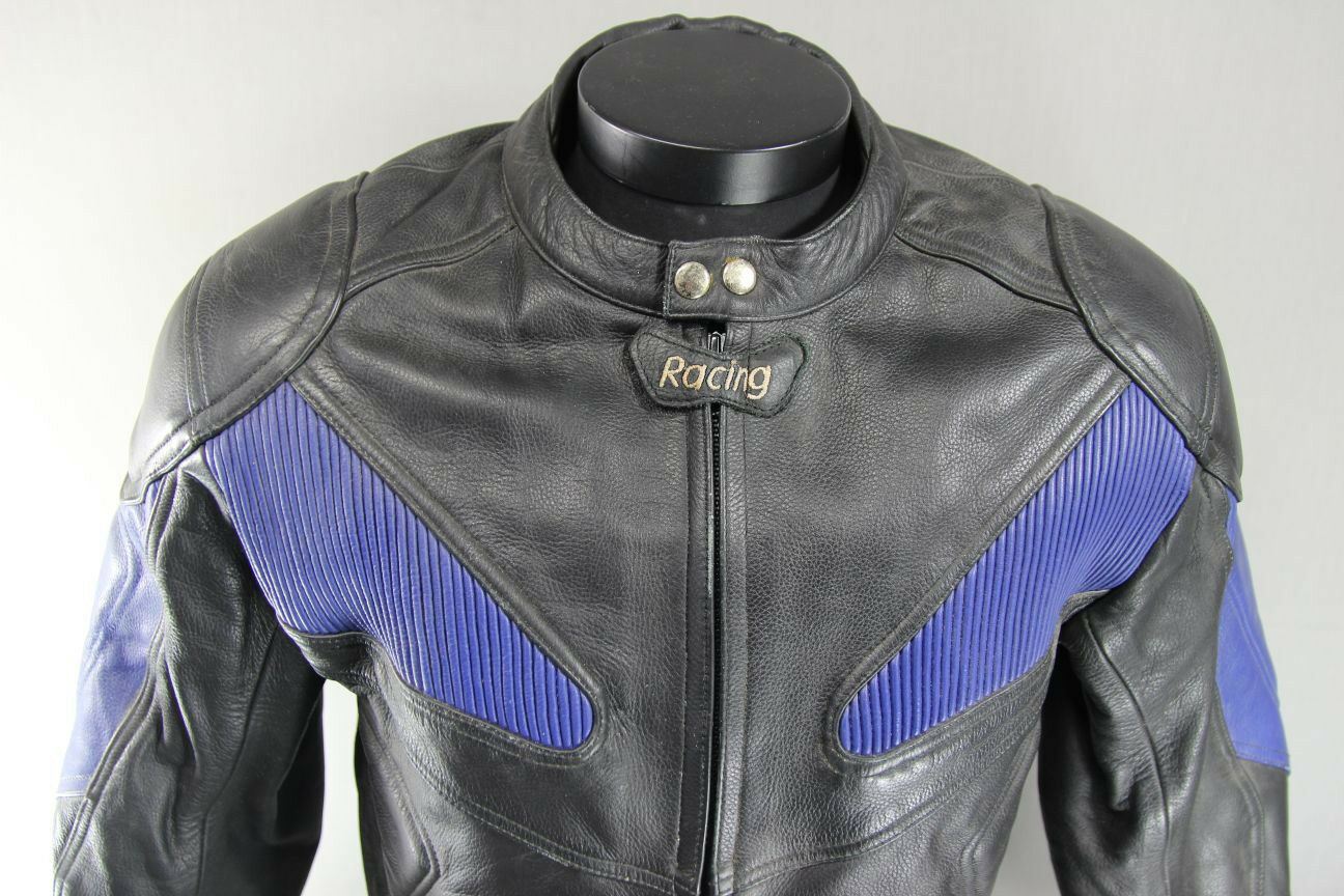 BLACK & BLUE RACING/SPORTS LEATHER BIKER JACKET WITH REMOVABLE ARMOUR 38 INCH