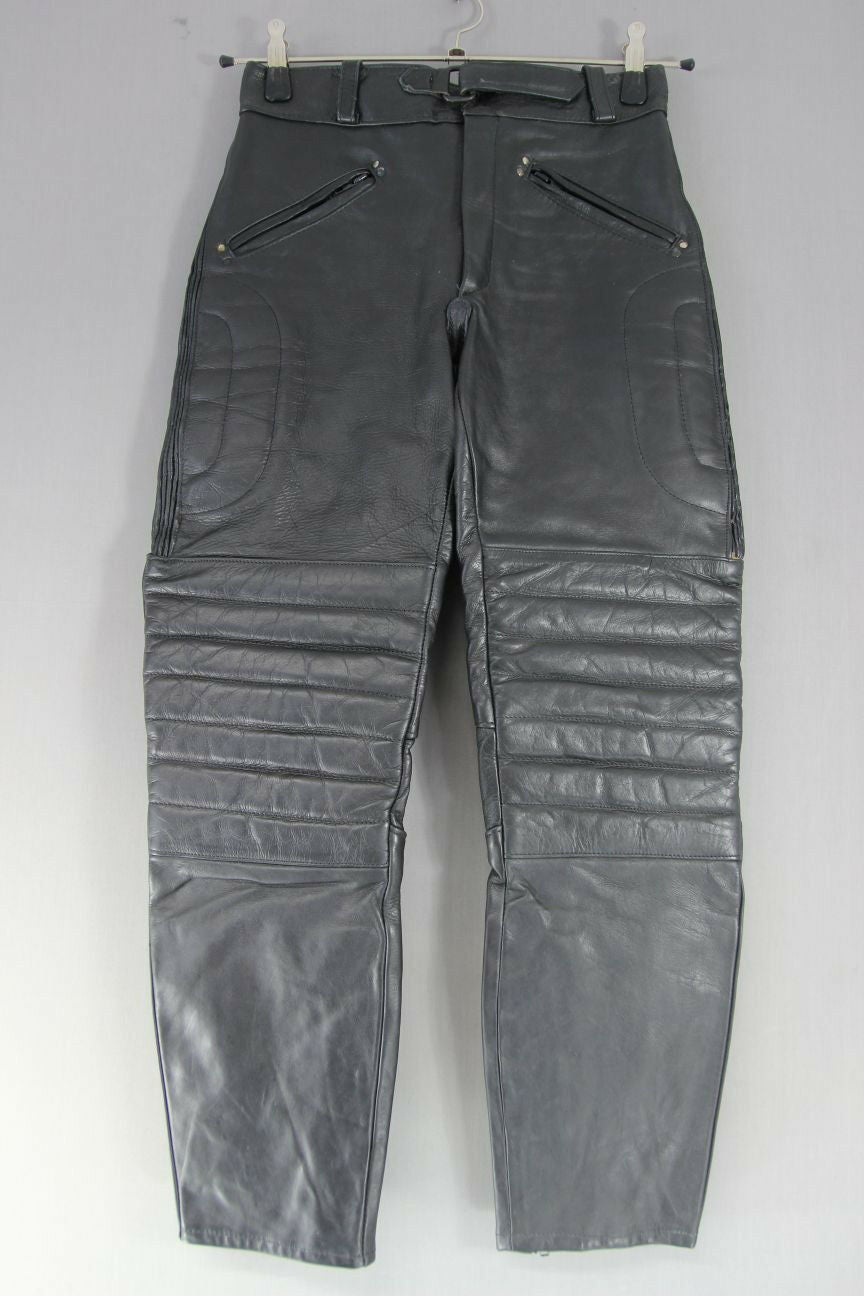 CLASSIC BLACK LEATHER BIKER TROUSERS: WAIST 28 INCHES/INSIDE LEG 27 INCHES
