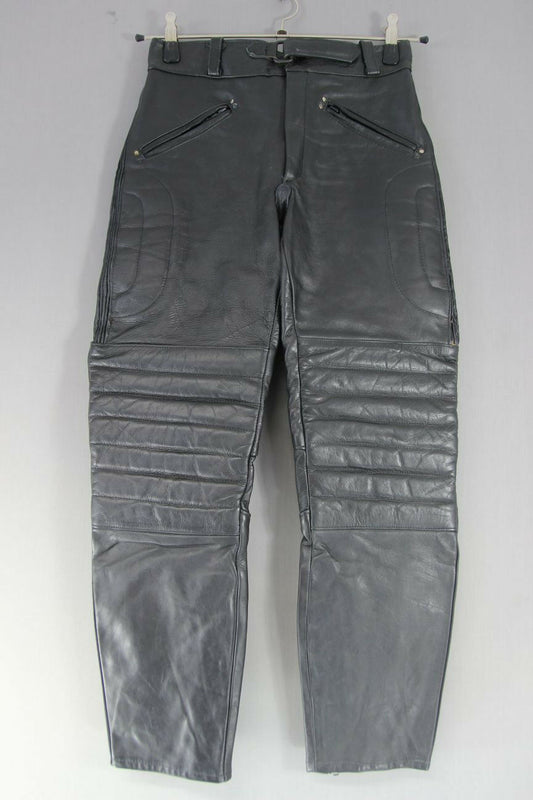 CLASSIC BLACK LEATHER BIKER TROUSERS: WAIST 28 INCHES/INSIDE LEG 27 INCHES