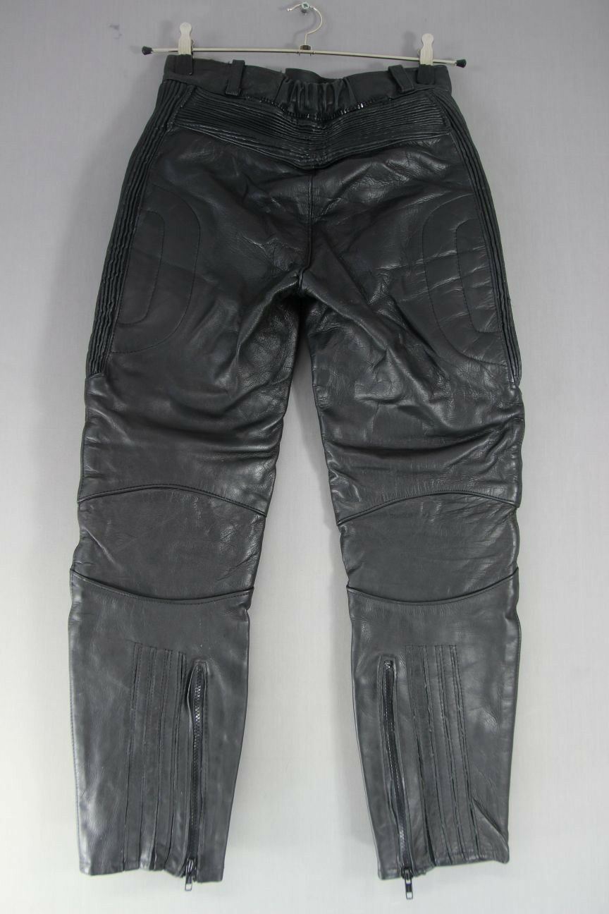 CLASSIC BLACK LEATHER BIKER TROUSERS: WAIST 28 INCHES/INSIDE LEG 27 INCHES