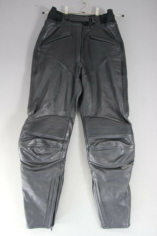 REV'IT BLACK LEATHER BIKER TROUSERS: WAIST 28 INCHES/INSIDE LEG 27 INCHES