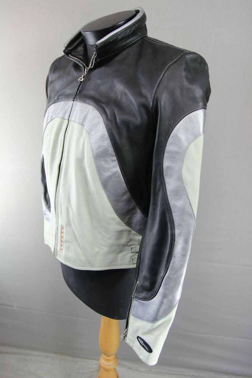 SUPERB CORNER BLACK, GREY & SILVER LEATHER BIKER JACKET 38 INCH