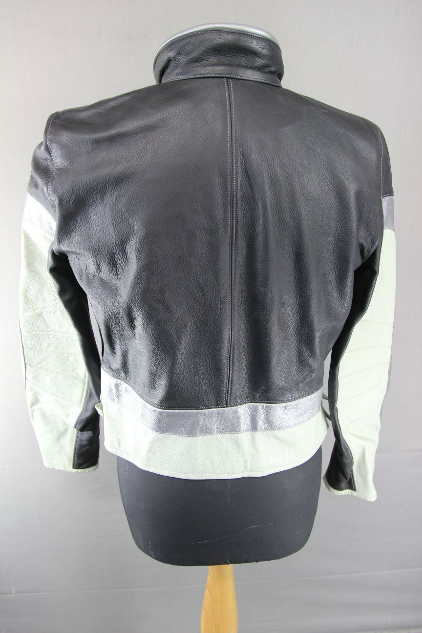 SUPERB CORNER BLACK, GREY & SILVER LEATHER BIKER JACKET 38 INCH