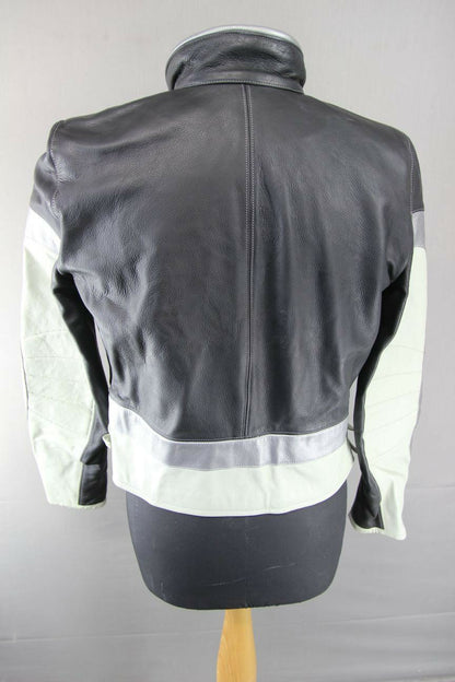 SUPERB CORNER BLACK, GREY & SILVER LEATHER BIKER JACKET 38 INCH