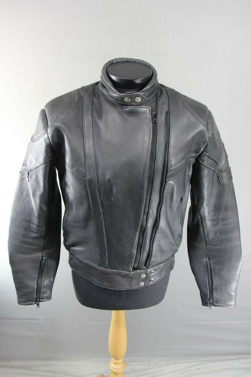 AKITO RAPIDE BLACK LEATHER BIKER JACKET WITH REMOVABLE BACK PROTECTOR, SIZE 16