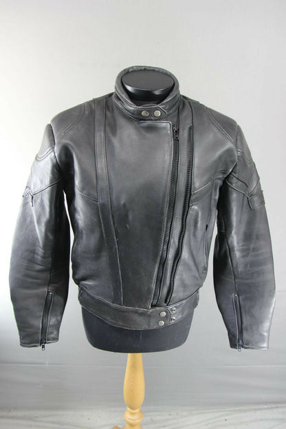 AKITO RAPIDE BLACK LEATHER BIKER JACKET WITH REMOVABLE BACK PROTECTOR, SIZE 16