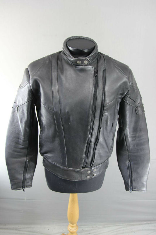 AKITO RAPIDE BLACK LEATHER BIKER JACKET WITH REMOVABLE BACK PROTECTOR, SIZE 16