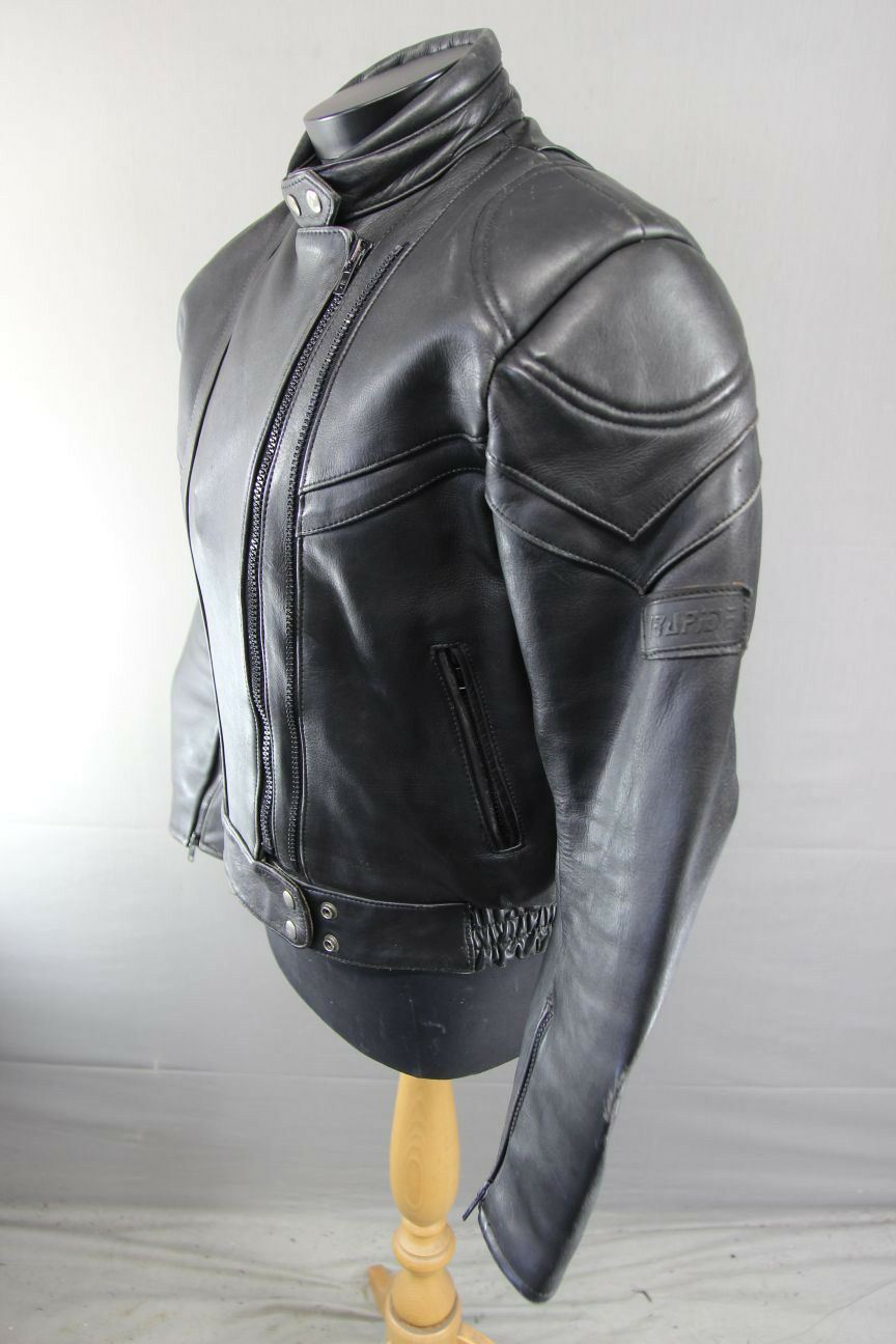 AKITO RAPIDE BLACK LEATHER BIKER JACKET WITH REMOVABLE BACK PROTECTOR, SIZE 16