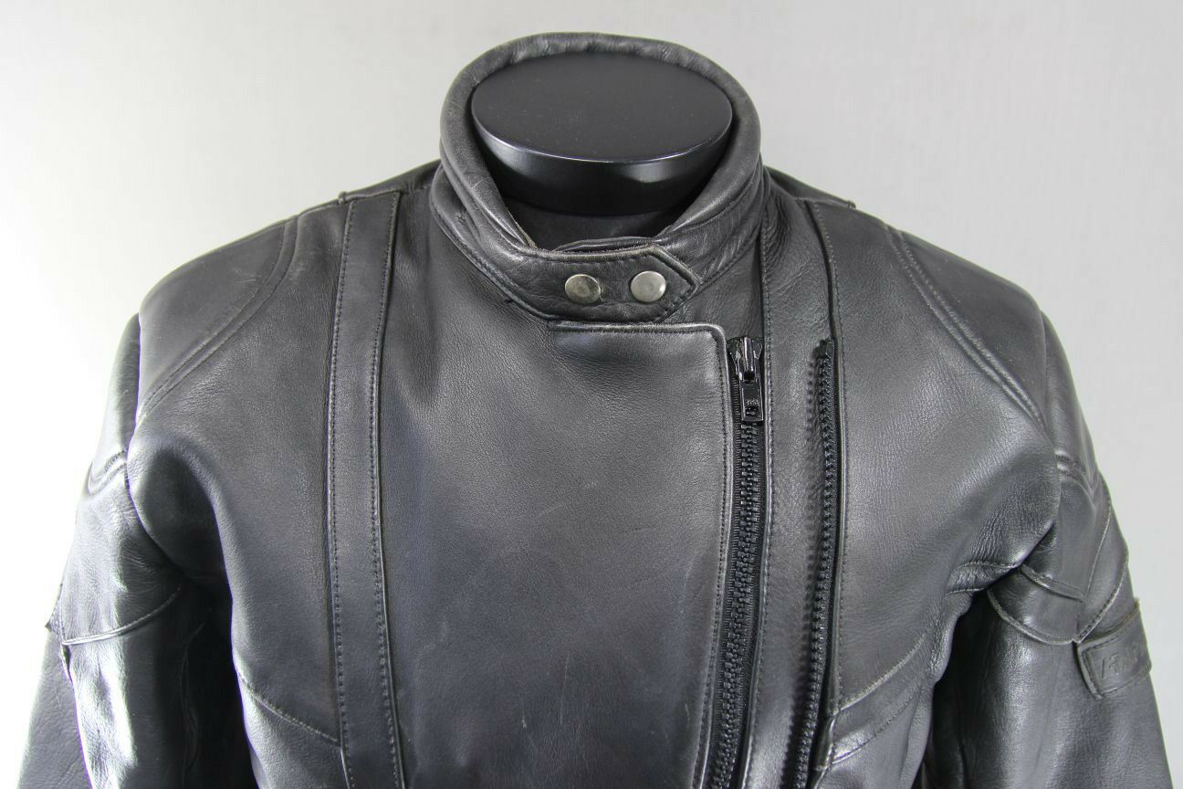 AKITO RAPIDE BLACK LEATHER BIKER JACKET WITH REMOVABLE BACK PROTECTOR, SIZE 16