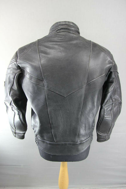 AKITO RAPIDE BLACK LEATHER BIKER JACKET WITH REMOVABLE BACK PROTECTOR, SIZE 16
