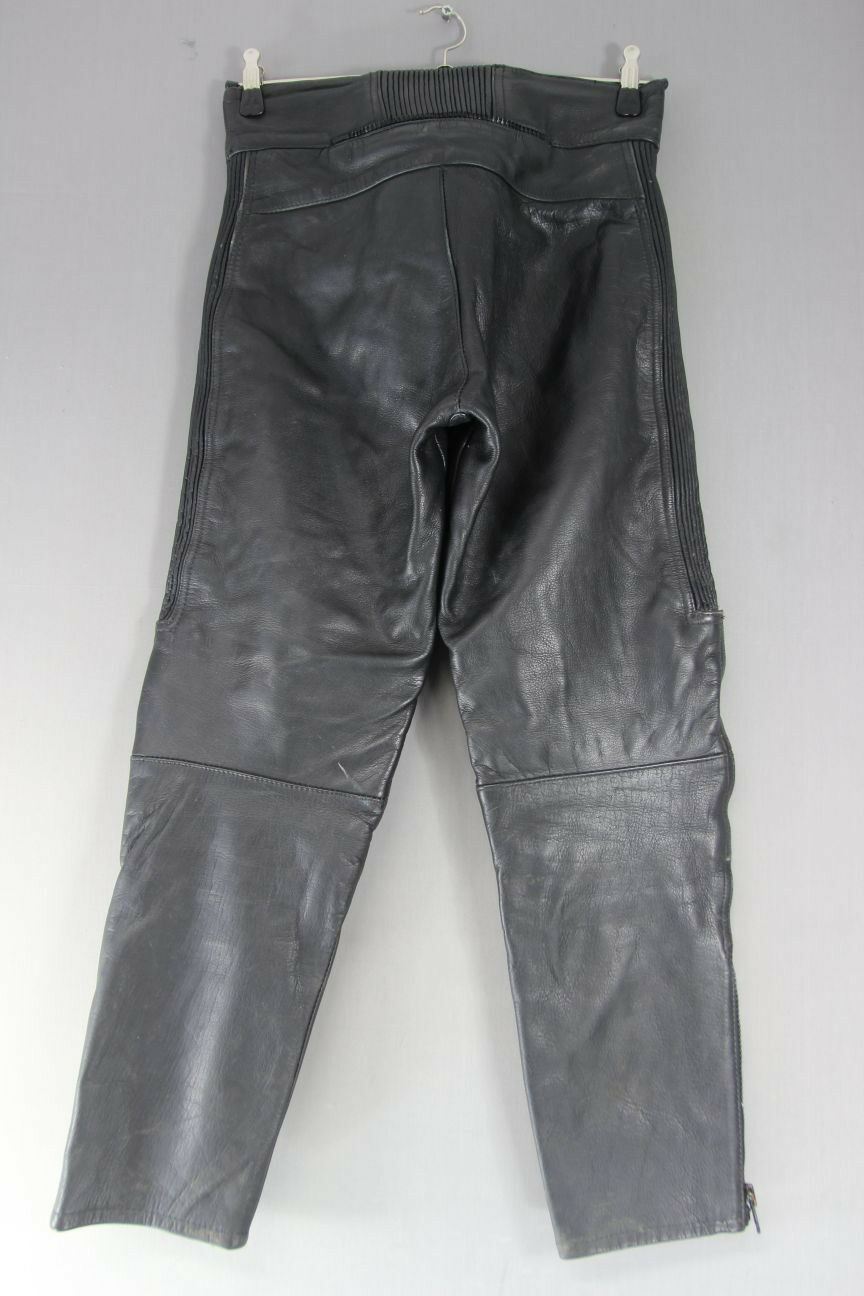 JTS BLACK LEATHER BIKER TROUSERS: WAIST 30 INCH/INSIDE LEG 28 INCH (SHORT FIT)