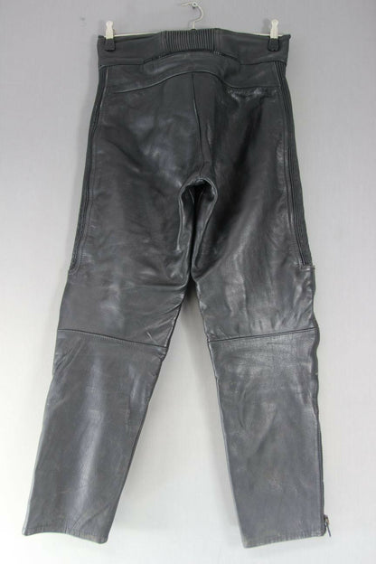 JTS BLACK LEATHER BIKER TROUSERS: WAIST 30 INCH/INSIDE LEG 28 INCH (SHORT FIT)