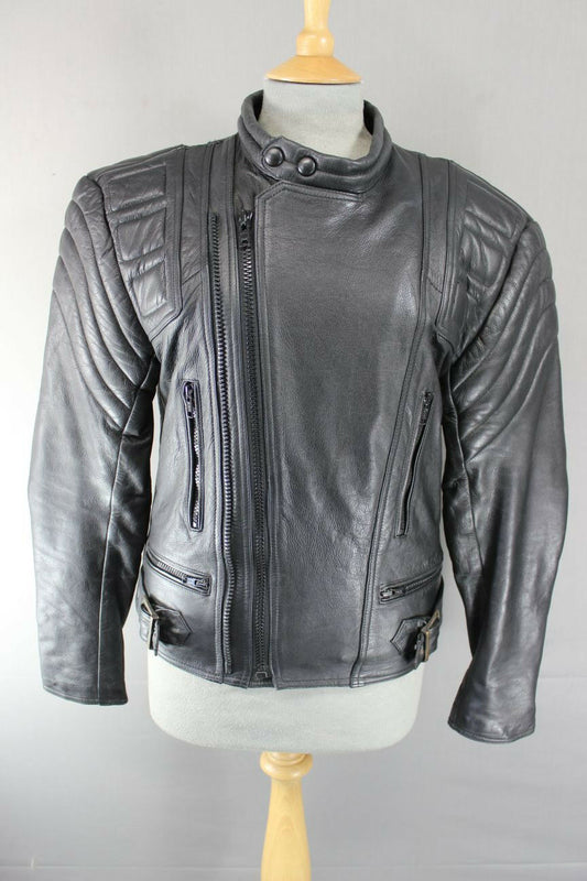 CLASSIC BLACK LEATHER BIKER JACKET WITH REMOVABLE BACK PROTECTOR 38 INCH