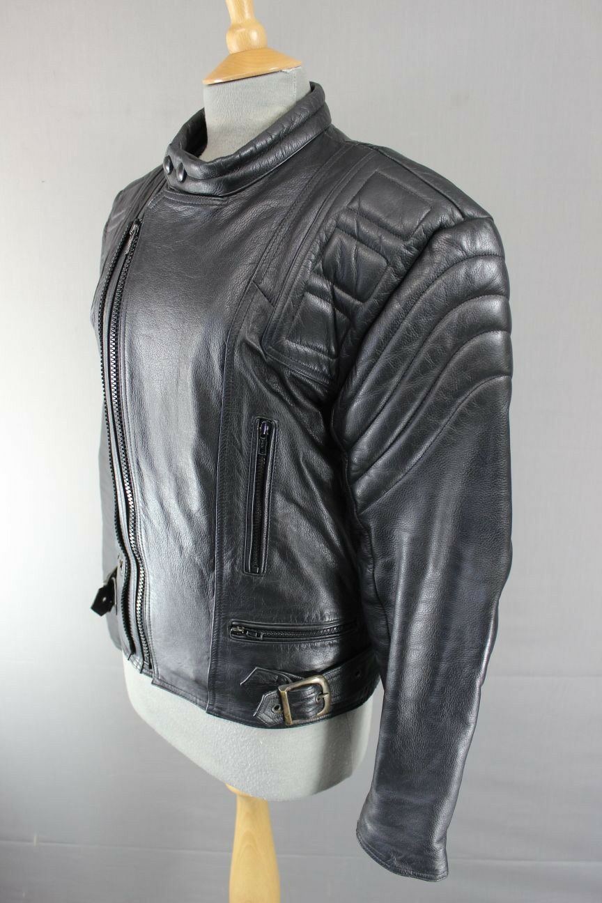 CLASSIC BLACK LEATHER BIKER JACKET WITH REMOVABLE BACK PROTECTOR 38 INCH
