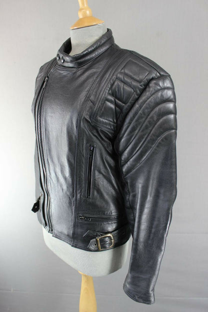 CLASSIC BLACK LEATHER BIKER JACKET WITH REMOVABLE BACK PROTECTOR 38 INCH