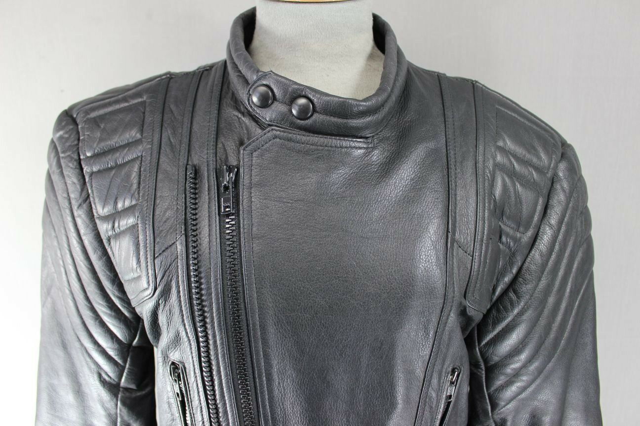 CLASSIC BLACK LEATHER BIKER JACKET WITH REMOVABLE BACK PROTECTOR 38 INCH