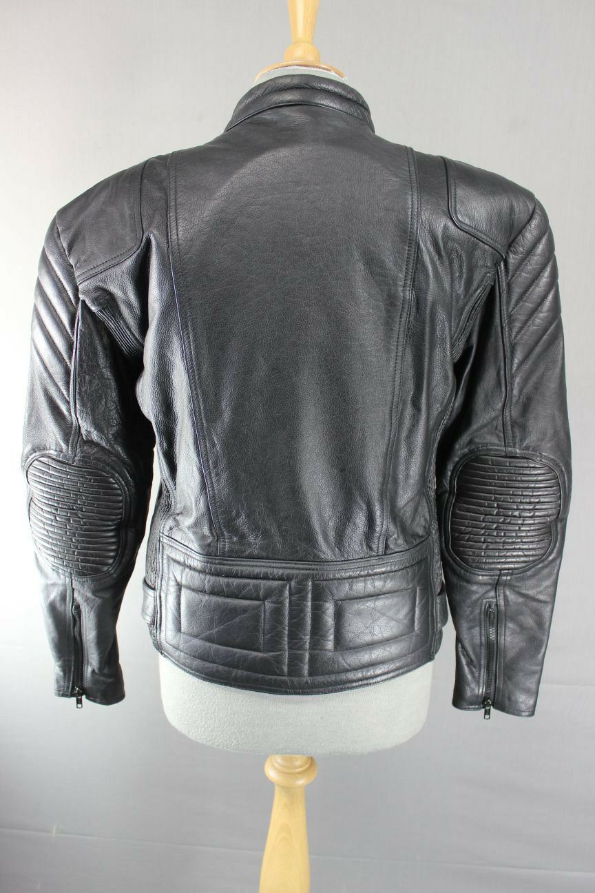 CLASSIC BLACK LEATHER BIKER JACKET WITH REMOVABLE BACK PROTECTOR 38 INCH