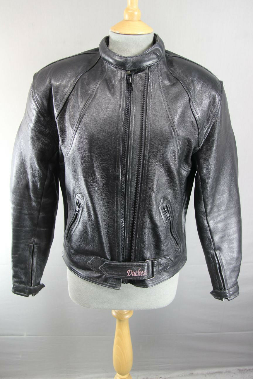 DUCHESS BLACK LEATHER BIKER JACKET + REMOVABLE SHOULDER/ELBOW PROTECTORS SIZE 12