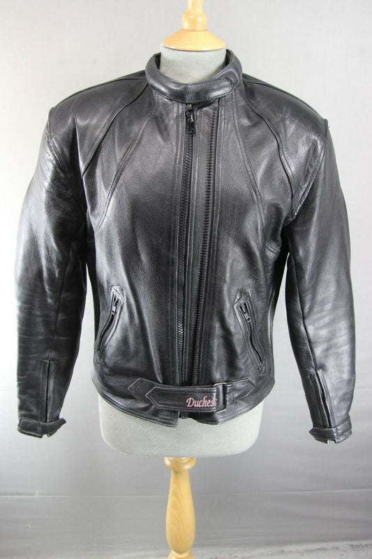 DUCHESS BLACK LEATHER BIKER JACKET + REMOVABLE SHOULDER/ELBOW PROTECTORS SIZE 12