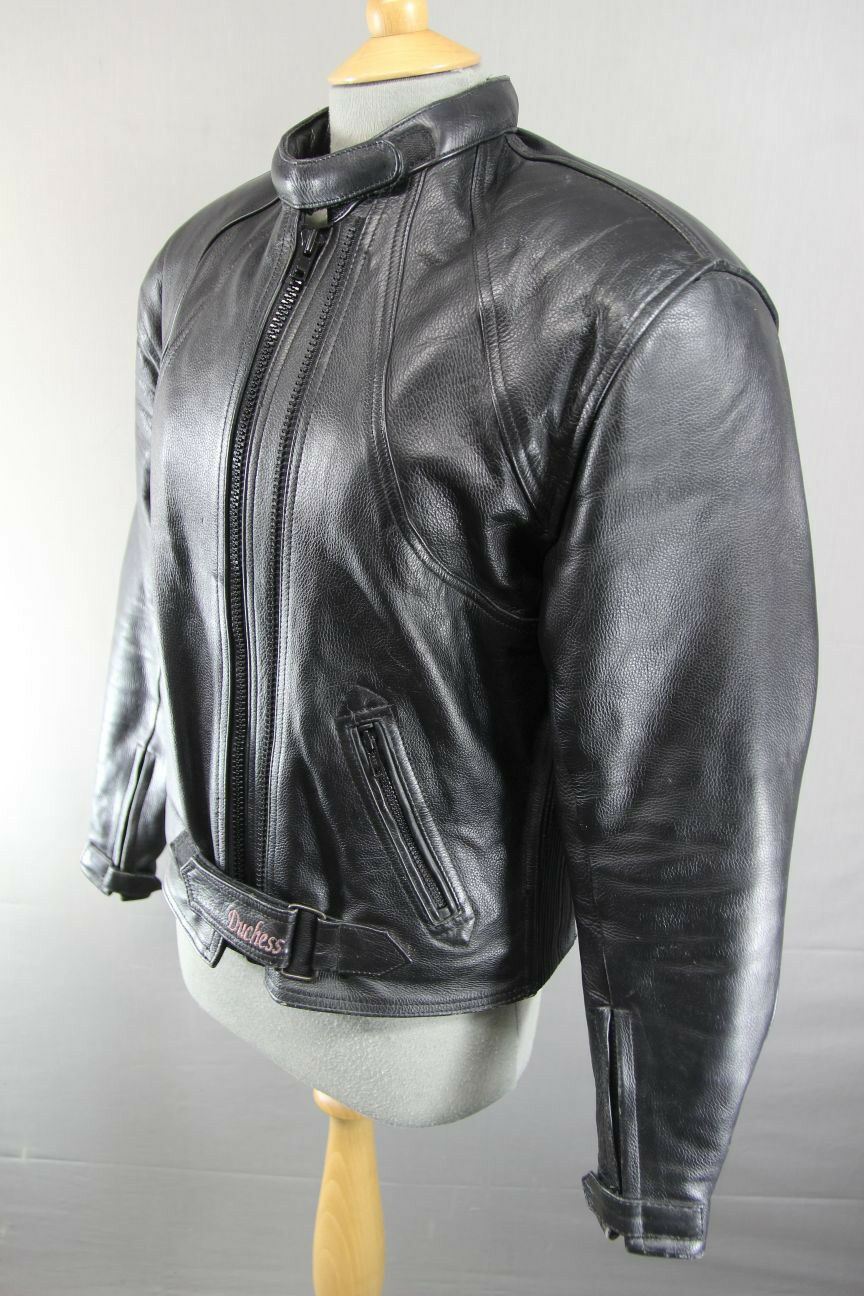 DUCHESS BLACK LEATHER BIKER JACKET + REMOVABLE SHOULDER/ELBOW PROTECTORS SIZE 12