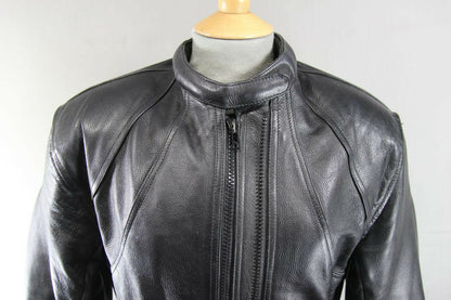 DUCHESS BLACK LEATHER BIKER JACKET + REMOVABLE SHOULDER/ELBOW PROTECTORS SIZE 12