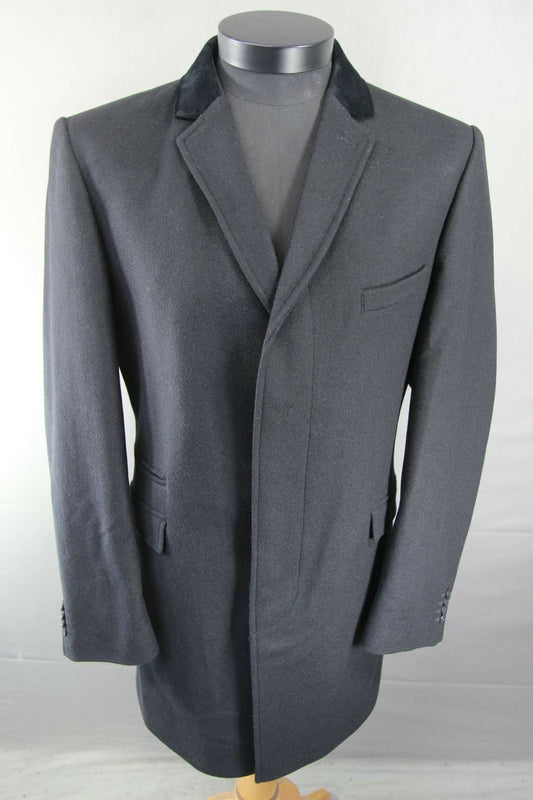 BRAND NEW WOOL RICH 3 POCKET VELVET COLLAR BLACK MELTON OVERCOAT 36-48" WAS £199