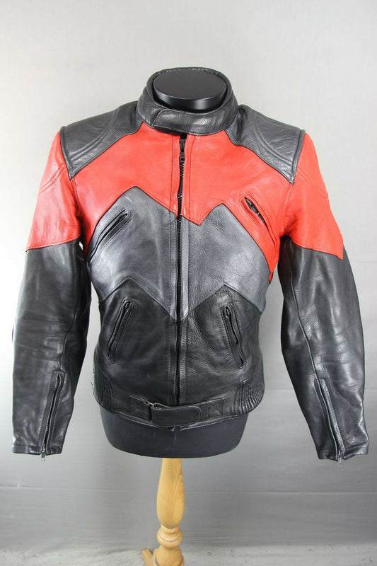 AMAZING J&S BLACK, RED & SILVER LEATHER BIKER JACKET WITH BACK PROTECTOR 38 INCH