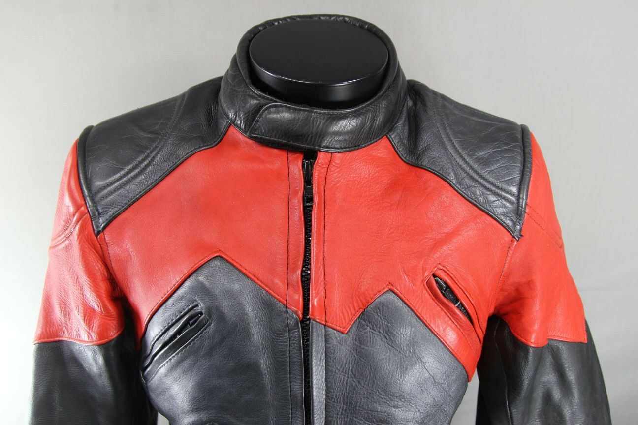 AMAZING J&S BLACK, RED & SILVER LEATHER BIKER JACKET WITH BACK PROTECTOR 38 INCH