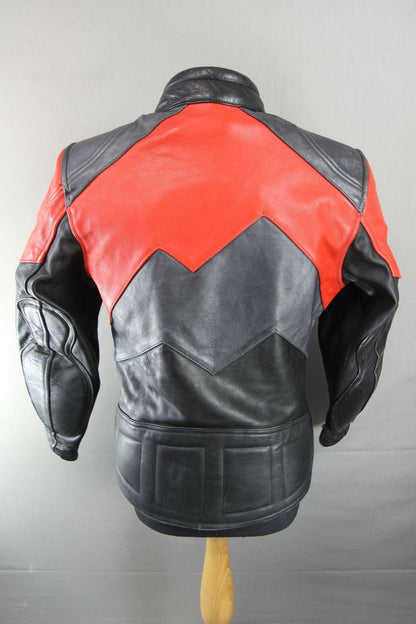 AMAZING J&S BLACK, RED & SILVER LEATHER BIKER JACKET WITH BACK PROTECTOR 38 INCH