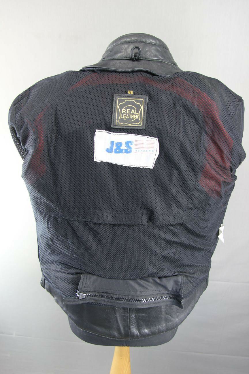 AMAZING J&S BLACK, RED & SILVER LEATHER BIKER JACKET WITH BACK PROTECTOR 38 INCH