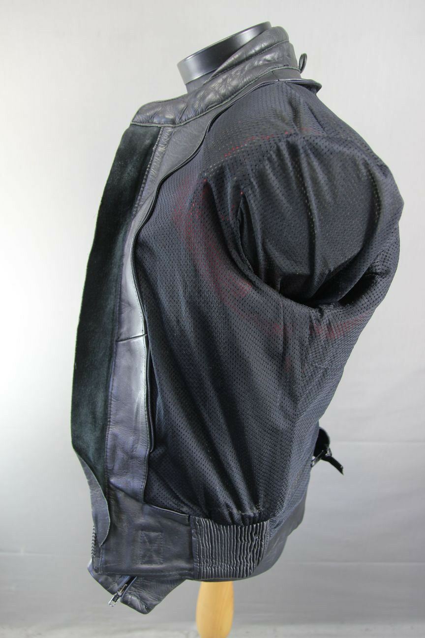 AMAZING J&S BLACK, RED & SILVER LEATHER BIKER JACKET WITH BACK PROTECTOR 38 INCH