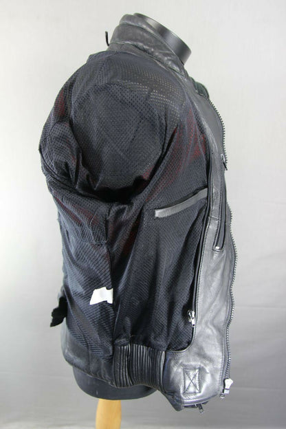 AMAZING J&S BLACK, RED & SILVER LEATHER BIKER JACKET WITH BACK PROTECTOR 38 INCH