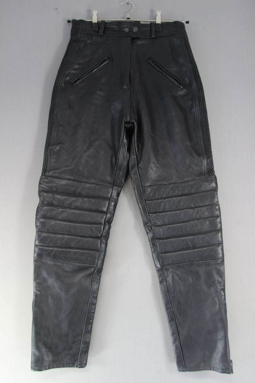 JTS BLACK LEATHER BIKER TROUSERS SIZE 14: WAIST 30 INCHES/INSIDE LEG 31 INCHES