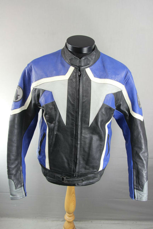 CLASSIC RAYVEN BLACK, BLUE, SILVER & WHITE LEATHER BIKER JACKET 38 INCH