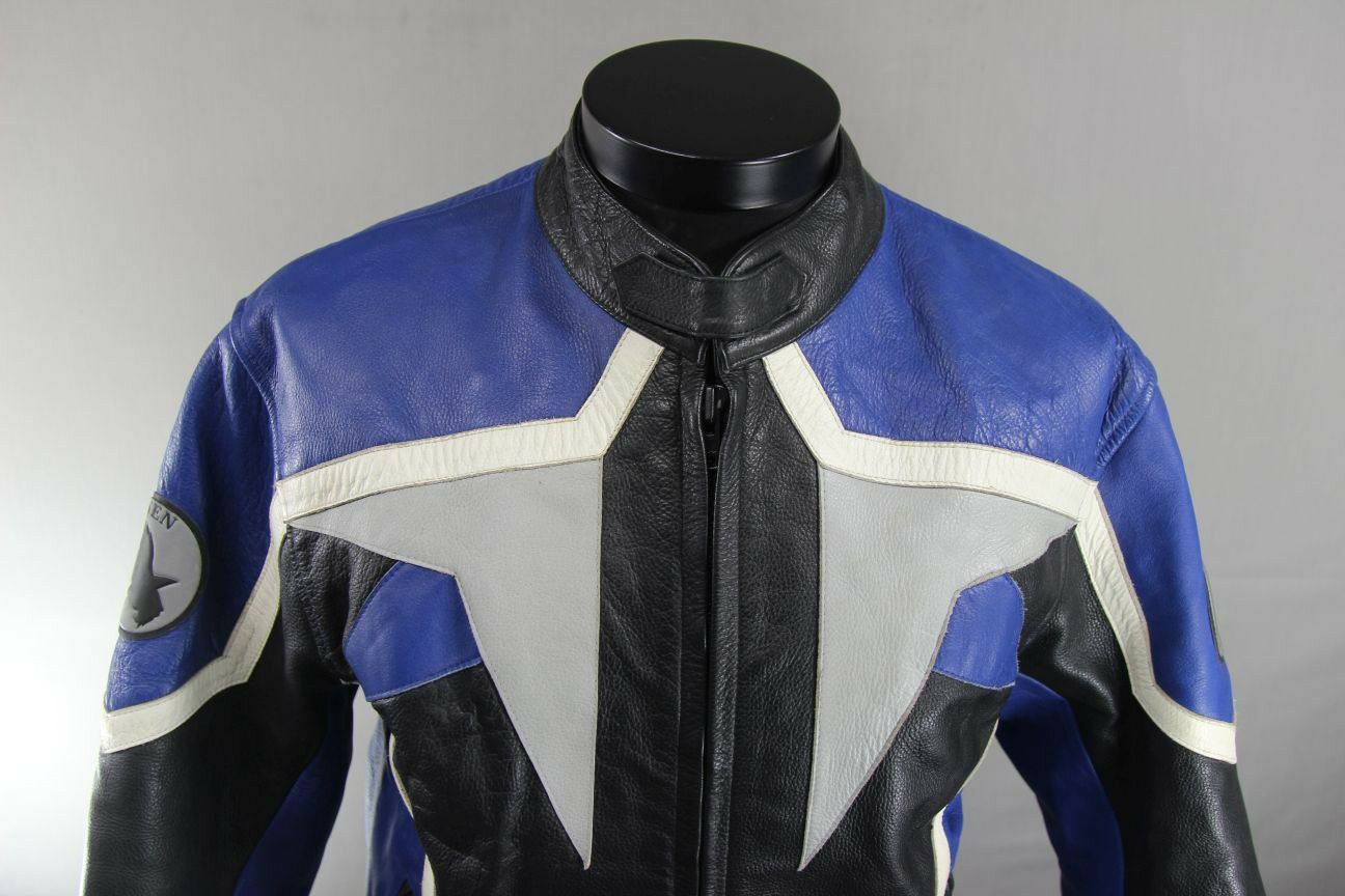 CLASSIC RAYVEN BLACK, BLUE, SILVER & WHITE LEATHER BIKER JACKET 38 INCH