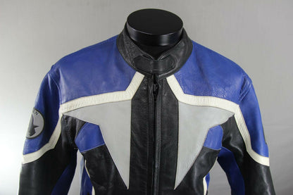 CLASSIC RAYVEN BLACK, BLUE, SILVER & WHITE LEATHER BIKER JACKET 38 INCH