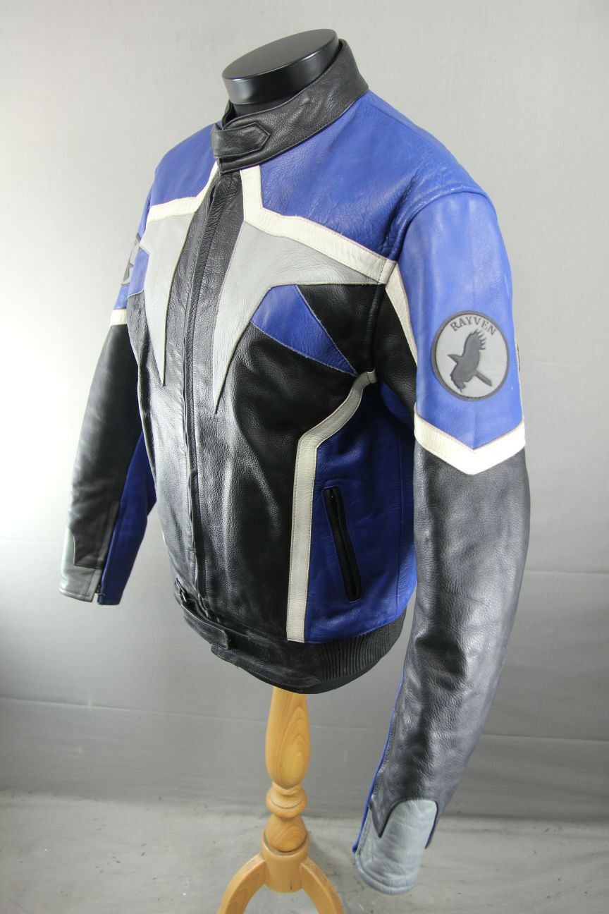 CLASSIC RAYVEN BLACK, BLUE, SILVER & WHITE LEATHER BIKER JACKET 38 INCH