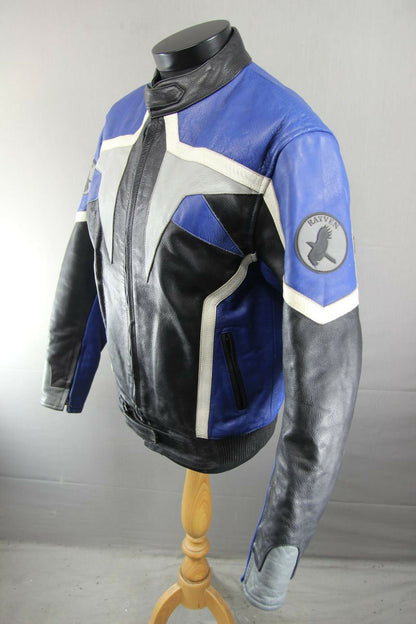 CLASSIC RAYVEN BLACK, BLUE, SILVER & WHITE LEATHER BIKER JACKET 38 INCH