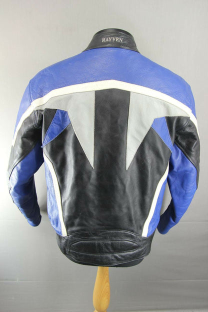 CLASSIC RAYVEN BLACK, BLUE, SILVER & WHITE LEATHER BIKER JACKET 38 INCH