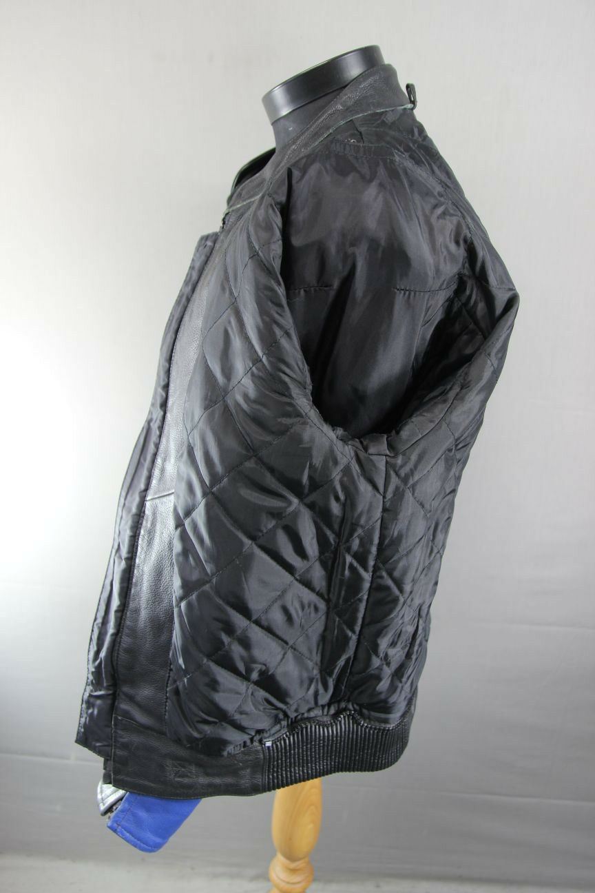 CLASSIC RAYVEN BLACK, BLUE, SILVER & WHITE LEATHER BIKER JACKET 38 INCH
