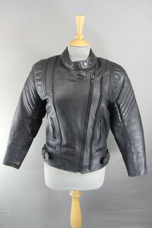 CLASSIC EURO STYLE BLACK LEATHER BIKER JACKET SIZE 12